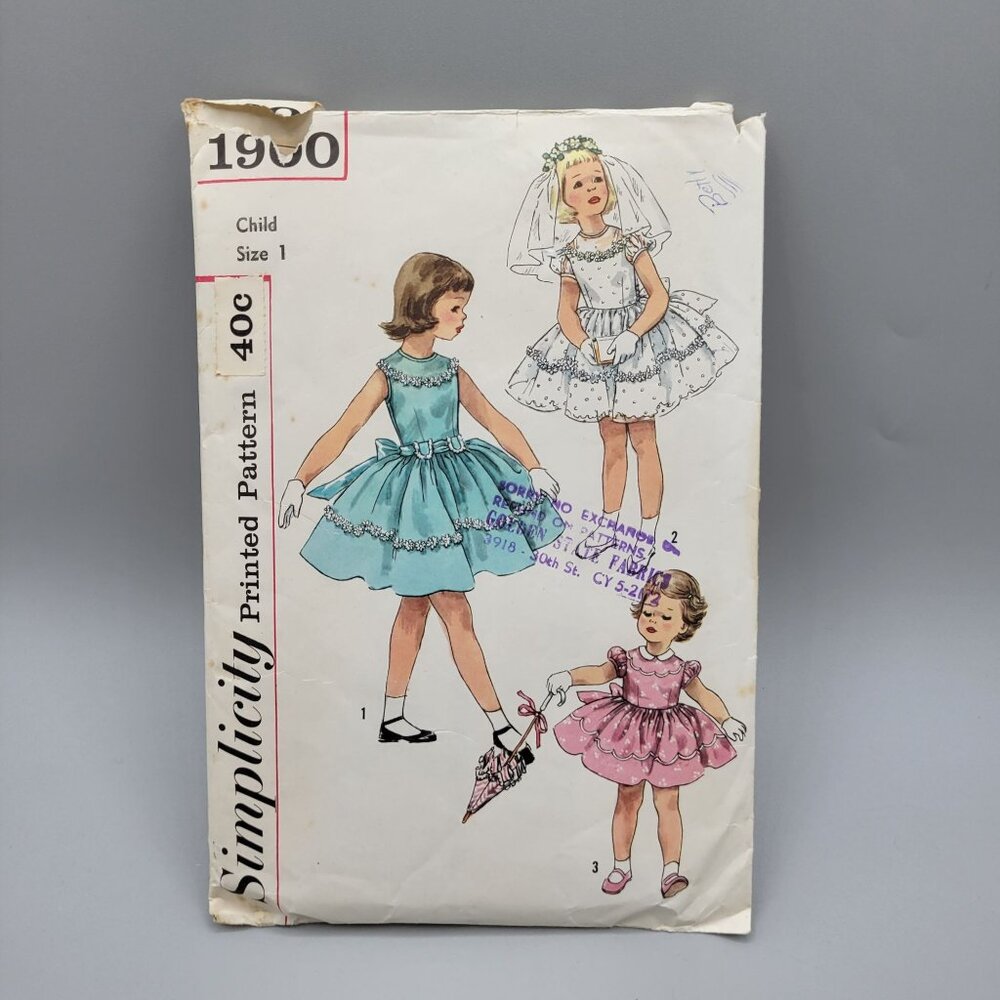 Simplicity 1956 Child's One Piece Dress Sewing Pattern #1900 Size 1